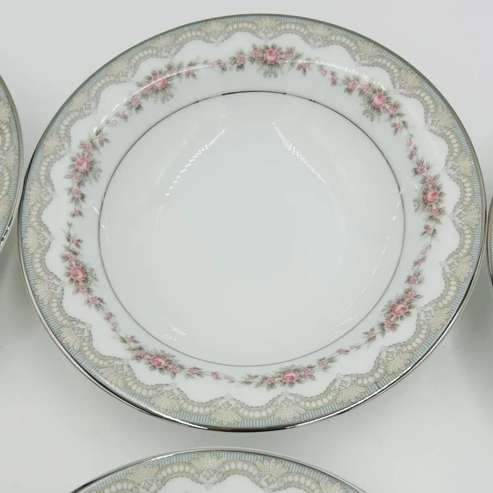 Noritake China Glenwood 5770 Japan 5.5” Berry Bowls Set Of 6 Pink Roses Platinum